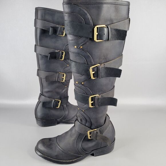 scooted womens Moto Riding Leather Tall boots black Zip Up Buckle size 5 US - Picture 1 of 16
